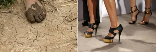 Bàn chân trần ngập lấm bùn của một nông dân sống cách trung tâm thành phố 50 dặm. Phụ nữ đi giày cao gót trong phiên chụp ảnh tại Bắc Kinh.