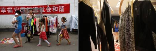 Một gia đình đi ngang qua gánh quần áo rong trong một khu chợ. Một quý cô vừa thanh toán hóa đơn trong một cửa hiệu sang trọng tại Bắc Kinh.
