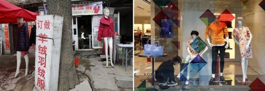 Ma-nơ-canh tại một cửa hàng bán áo len trong chợ cho lao động ngoại tỉnh. Nhân viên bán hàng đi giày cho ma-nơ-canh tại trung tâm mua sắm xa hoa tại Bắc Kinh.