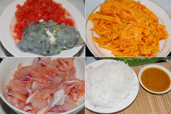 Lẩu thả được chế biến với nhiều nguyên liệu như: cá, trứng chiên, thịt heo, tôm, các loại rau, xoài, khế... Ảnh: Huấn Phan.