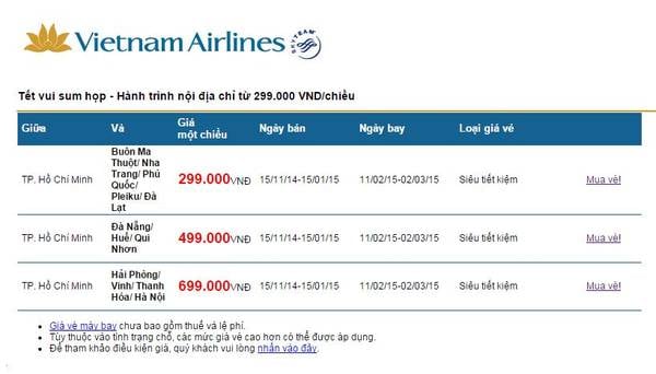 Chi tiết đặt vé tại website Vietnam Airlines.