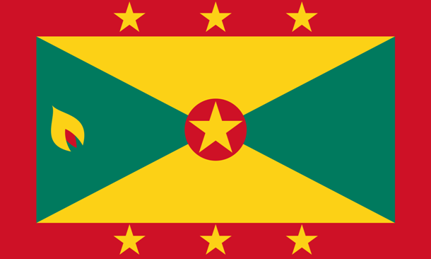 Được đưa vào sử dụng từ năm 1974, quốc kỳ của Grenada có viền màu đỏ với 6 ngôi sao tượng trưng cho 6 xứ đạo của đất nước.