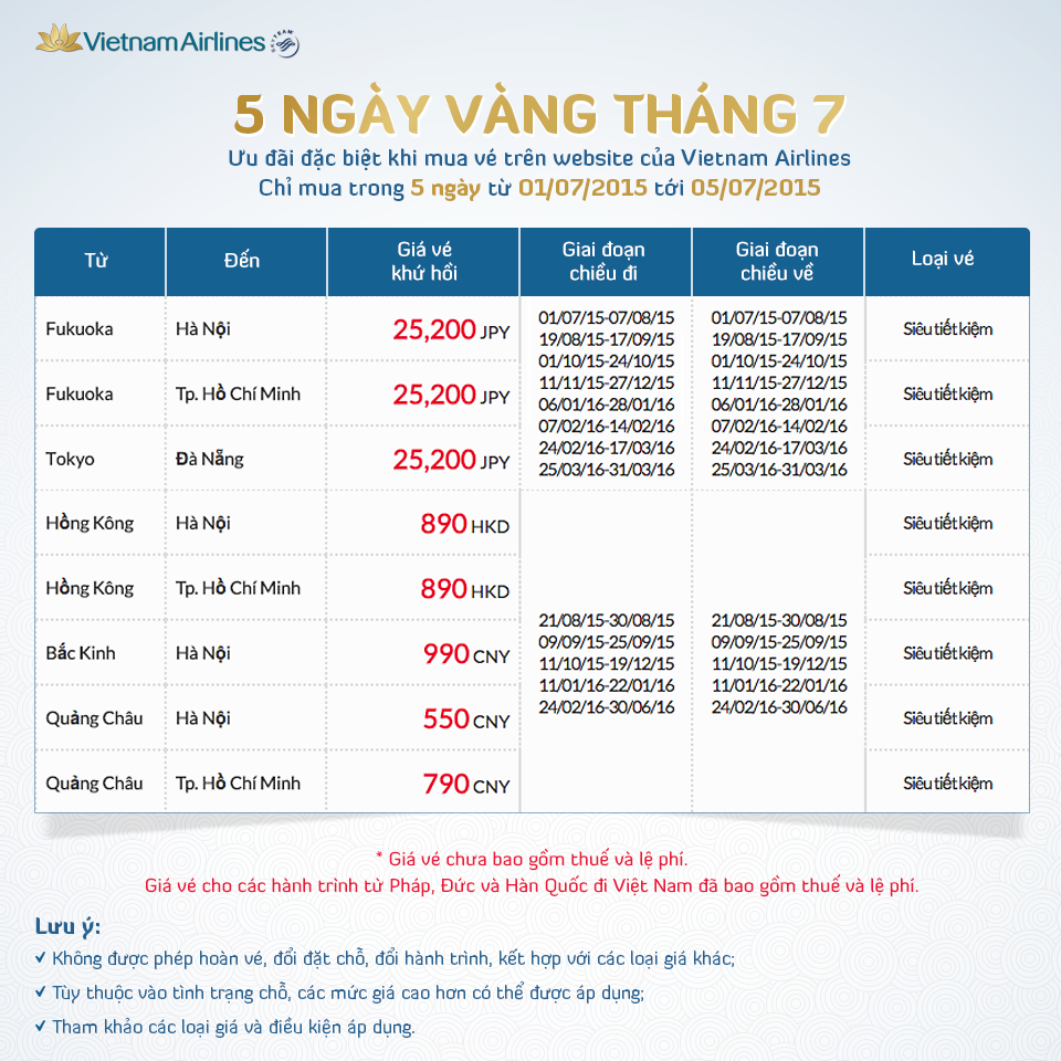 Tham khảo một số chặng bay có khuyến mãi giá tốt trên Vietnam Airlines.