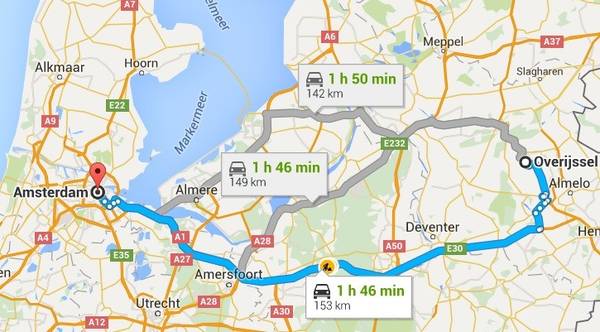 Đường đi từ Amsterdam tới Overijssel theo Google Maps.