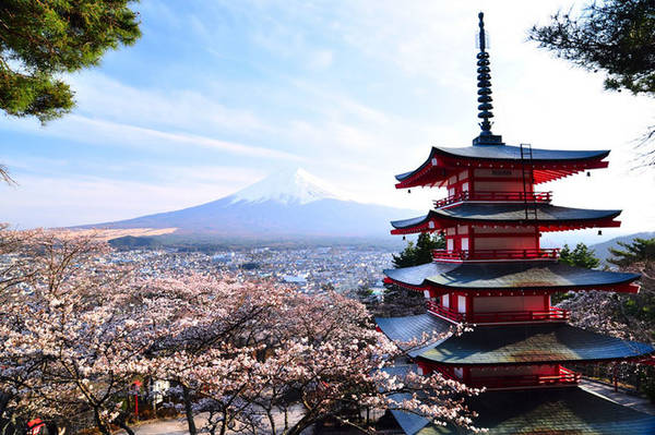 Chùa Chureito và núi Phú Sĩ: Ngôi chùa này được coi như kỳ quan nổi tiếng nhất ở Nhật Bản, với những tầng tháp mái rộng, cửa sơn đỏ, nhìn ra xa xăm là dãy núi Phú Sĩ. Bạn sẽ cần phải leo khoảng 400 bước để lên đến đây nhưng công sức bỏ ra là hoàn toàn xứng đáng.
