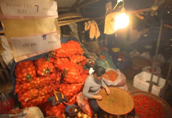 Một gian hàng bán ớt nổi bật trong khu hàng rau củ.