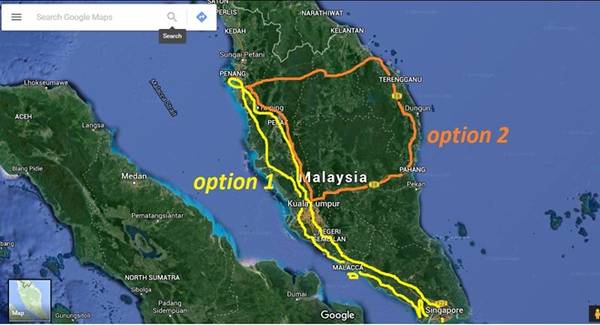 Bạn có thể lựa chọn đi từ Penang xuống Singapore, hoặc đi xuống Kuala Lumpur, xong cắt ngang qua bờ Đông.