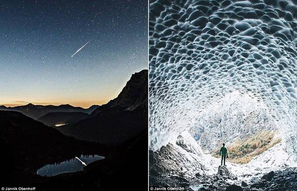 Một ngôi sao băng xuất hiện trên bầu trời (ảnh trái) và Ice Chapel (Nhà nguyện băng) ở chân núi Watzmann, Đức.