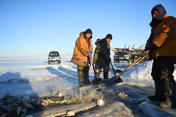 Ngư dân chờ kéo lưới tại hồ băng Hulun thuộc khu tự trị Nội Mông Cổ vào ngày 26/12. (Ảnh: Xinhua)