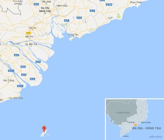 Côn Đảo (chấm đỏ) nằm ở ngoài khơi tỉnh Bà Rịa - Vũng Tàu.