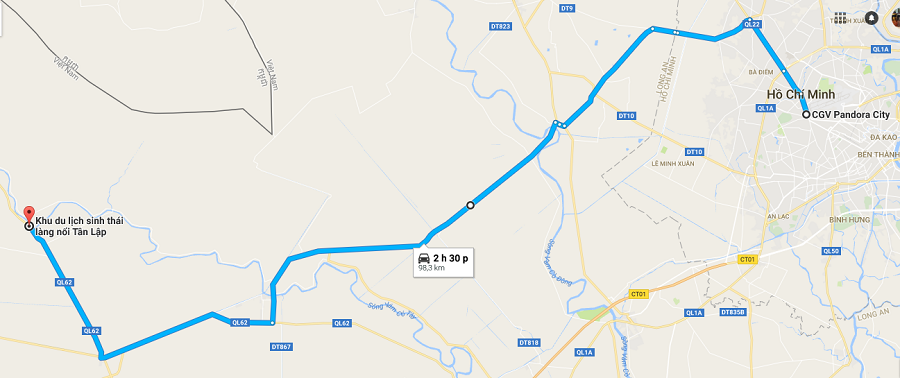 Bản đồ tuyến đường trong xuất phát từ TTTM Pandora (Tân Bình) đến làng nổi Tân Lập