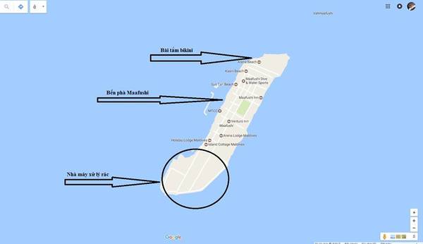 Bản đồ ở Maafushi, đảo rất nhỏ, nên đi bộ thăm quan hết đảo. 
