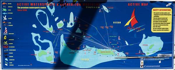 Bản đồ các bãi san hô, cá mập, rùa, cá heo, cá đuối, các khu chơi thể thao nước xung quanh Maafushi.