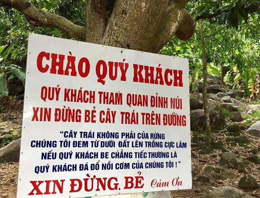 Người dân làm bảng thông báo nhắc nhở phượt thủ leo núi Bà Đen (Tây Ninh). Ảnh: H.D.P.