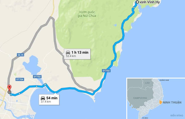 Cung đường tôi lựa chọn để khám phá vẻ đẹp Phan Rang - Tháp Chàm dài khoảng 70 km, đi theo quốc lộ 1A, và tỉnh lộ 702. Ảnh: Google Maps.