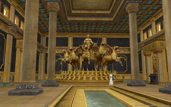 Những bức tượng vàng: 10 người con của thần Poisedon xây dựng vô số đền thờ, trong đó có đền thờ chính nằm trên đồi Cleito với bức tượng vị thần biển này cưỡi ngựa sáu cánh bằng vàng. Ngôi đền có nóc cao tới mức xuyên qua những đám mây. Ảnh: OGPlanet.