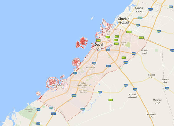Thành phố Dubai (khu vực khoanh đỏ trên bản đồ) là một trong 7 tiểu vương quốc của Các Tiểu Vương quốc Ả rập Thống nhất, nằm ở phía nam vịnh Ba Tư. Ảnh chụp màn hình. Thành phố Dubai (khu vực khoanh đỏ trên bản đồ) là một trong 7 tiểu vương quốc của Các Tiểu Vương quốc Ả rập Thống nhất, nằm ở phía nam vịnh Ba Tư. Ảnh chụp màn hình.