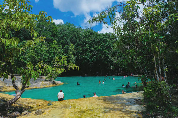 Emerald Pool nhìn từ xa như một viên ngọc lục bảo giữa rừng