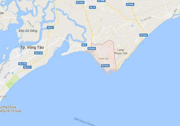 Vùng màu đỏ là nơi có cảng cá Long Hải nằm ở huyện Long Điền, tỉnh Bà Rịa - Vũng Tàu.  Ảnh: Chụp màn hình.