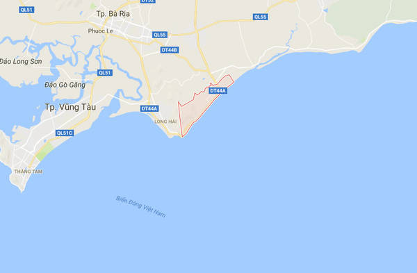 Vùng màu đỏ là nơi có cảng cá Phước Hải, huyện Đất Đỏ, tỉnh Bà Rịa - Vũng Tàu. Ảnh: Chụp màn hình.