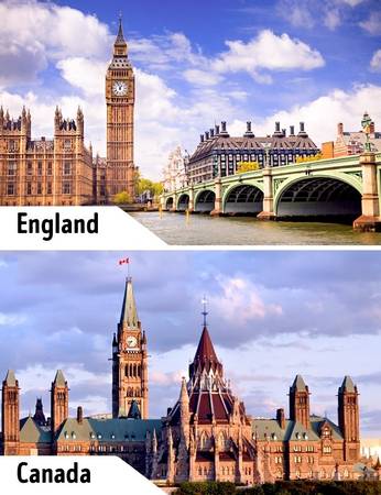 Một ví dụ khác cho một cặp xây dựng "sinh đôi" là đồng hồ Victoria ở Anh và tháp đồng hồ Hòa bình ở Canada. Kiến trúc của hai tháp đồng hồ giống nhau chỉ khác ở bối cảnh xung quanh. Ở Canada, Tháp Hòa bình không bao gồm Cung điện Westminter hoặc bờ sông Thames.