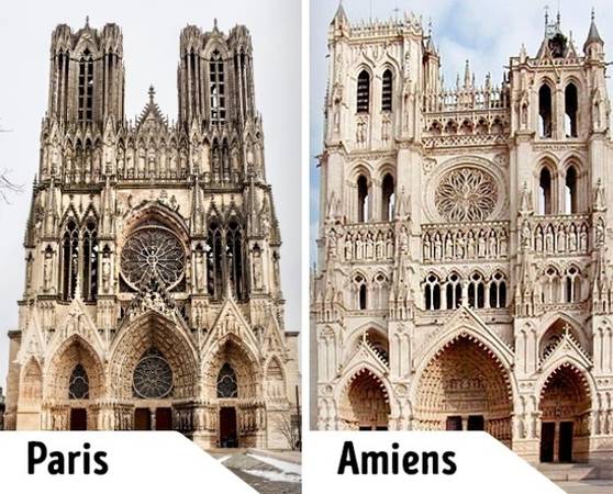 Cả hai Nhà thờ Đức Bà này đều nằm ở Pháp nhưng một ở Paris, một ở Amiens. Nhà thờ ở Paris được biết đến nhiều hơn qua tác phẩm Notre-Dame de Paris của Victor Hugo nên du khách khắp nơi tìm đến tham quan. Nhà thờ ở Amiens không may mắn như vậy. Tuy nhiên, du khách đến Nhà thờ Đức Bà ở Amiens có thể khám phá kiến ​​trúc gothic bất cứ lúc nào mà không phải chen lấn với đám đông.