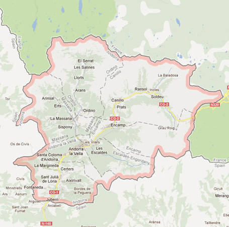 Bản đồ Andorra, quốc gia nằm giữa Pháp và Tây Ban Nha, được người khách kỳ lạ chỉ cho cảnh sát. Ảnh: WeekinWeird.