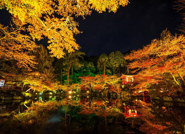 Chùa Daigo-ji: Công trình này cao 57m với 5 tầng, được xem là biểu tượng của Kyoto. Vào mùa thu, lá cây chuyển màu soi bóng xuống hồ nước tạo nên bức tranh tuyệt đẹp. Ảnh: allabout-japan.