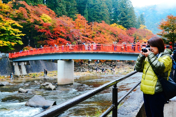 Cây cầu Taigetsukyo bắc ngang qua sông Tomoe được coi là biểu tượng của thung lũng Korankei và cũng là nơi dừng chân của những người mê nhiếp ảnh. Màu đỏ của cây cầu lẫn vào màu cam đỏ của rừng cây phía sau, đứng từ đây, bạn có thể phóng tầm mắt ra toàn bộ thung lũng.