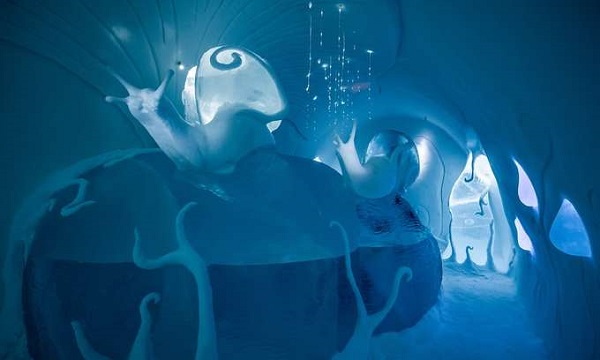 Khách sạn Icehotel mở cửa lại vào mỗi năm với một vẻ ngoài mới. Đây là phòng Ground Rules được thiết kế bởi nghệ sĩ Carl Wellander và Ulrika Tallving, với những chú ốc sên chạm khắc bằng băng đá nằm ở vị trí trung tâm.
