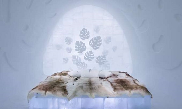 Căn phòng Monstera được thiết kế một chiếc giường đặt giữa phòng với những chiếc lá chạm khắc trên tường.