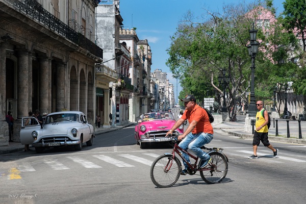 Con đường với những chiếc xe cổ mang màu sắc tươi trẻ tại trung tâm thủ đô La Habana.