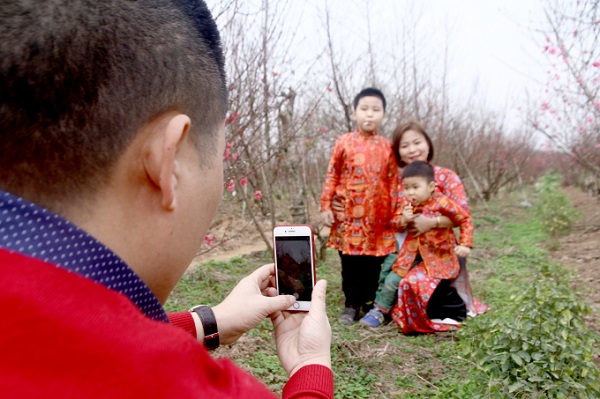 Không chỉ riêng các bạn trẻ, các gia đình cũng tranh thủ những ngày giáp tết đưa cả nhà tới vườn đào để chụp một bộ ảnh cho ngày xuân.