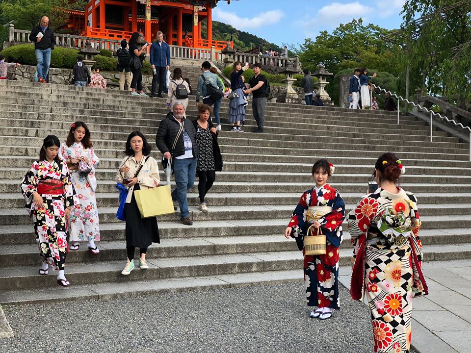 Các thiếu nữ mặc kimono chụp hình ở cổng chùa.