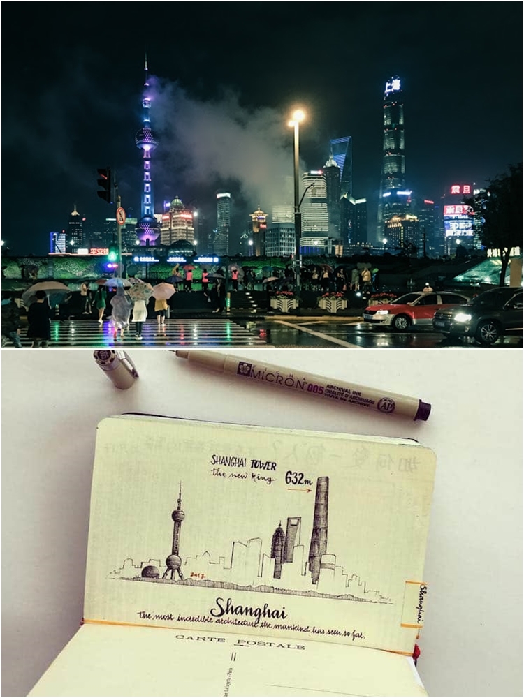 Mới nhất là bản vẽ cảnh đêm Thượng Hải bên sông Hoàng Phố trong chuyến du lịch năm 2017. Jose chia sẻ, bức vẽ này gợi cho anh nhớ lại cảm giác choáng ngợp khi lần đầu tiên nhìn thấy tháp Kim Mao - tòa nhà cao trên 400 m đầu tiên trên thế giới - cách đây 10 năm, nay đã bị "đánh bại" bởi tháp Thượng Hải. Chỉ vài nét phát thảo, mấy dòng chữ ngắn gọn cũng đủ để người xem hiểu ý đồ của chàng họa sĩ.