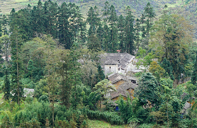 Khu di tích Nhà Vương nằm dưới thung lũng Sà Phìn, được bao bọc bởi những cây sa mộc hàng trăm năm tuổi.