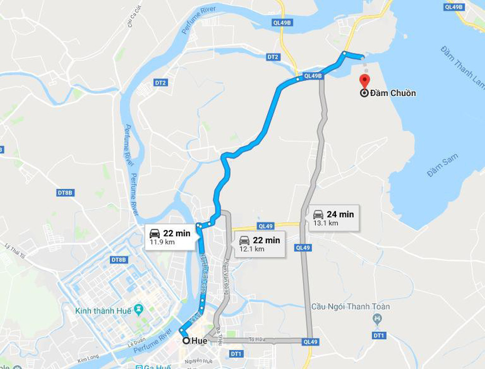 Bản đồ hướng dẫn các đường đi từ trung tâm thành phố Huế tới Đầm Chuồn - Ảnh chụp màn hình