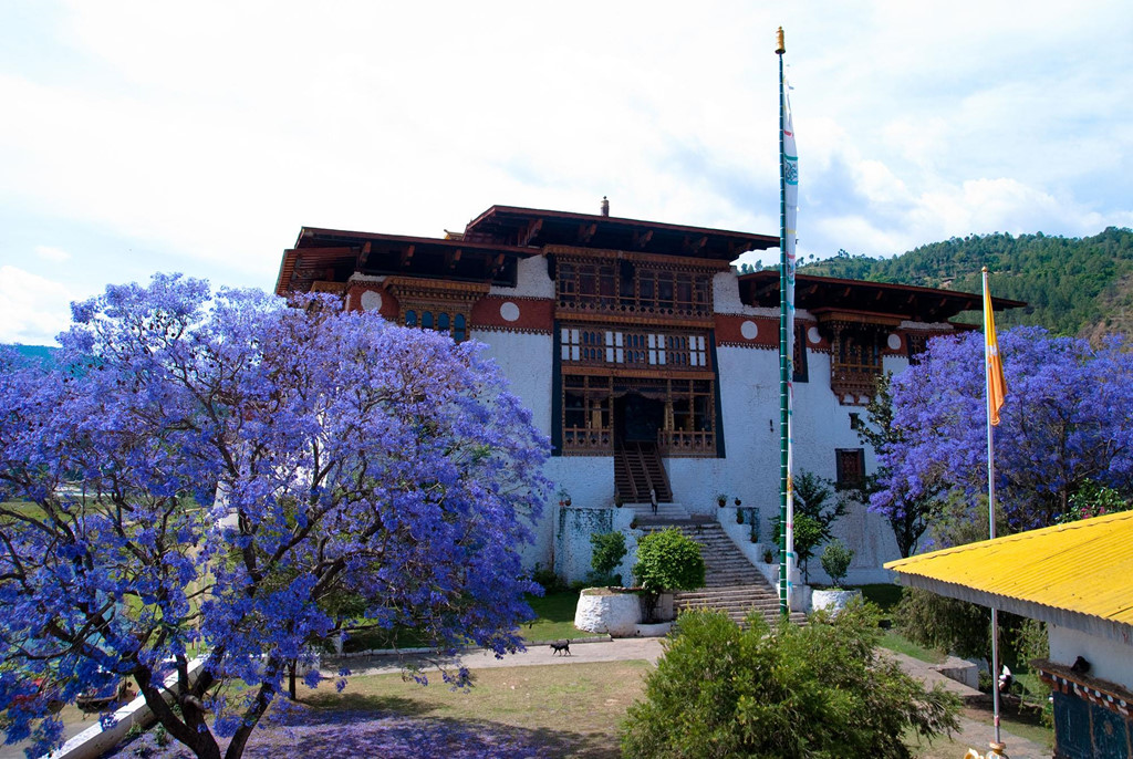 Nằm phía tây đất nước Bhutan, Punakha Dzong là địa điểm du lịch nổi tiếng và quan trọng trong lịch sử của vương quốc hạnh phúc. Trên đường đến đây, bạn sẽ được chiêm ngưỡng khung cảnh hai bên đường hết sức thơ mộng với những ngôi nhà nhỏ ẩn mình, thấp thoáng sau tán phượng tím nở rộ bên dòng sông Wangdue hiền hòa. Ảnh: Shin--k.