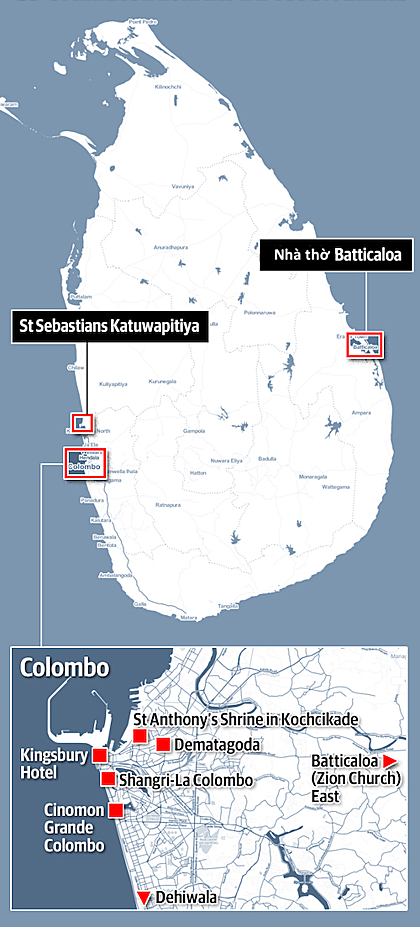 Vị trí các vụ tấn công ngày 21/4 tại Sri Lanka. Ảnh: News.com.au.