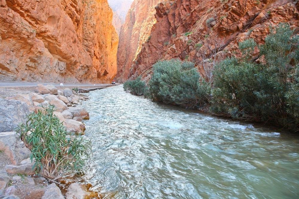 Con đường này chạy từ Ouarzazate và trải dài hơn 160 km về phía đông, tới Tineghir và Gorge Todra. Những người du lịch bằng ôtô có thể đi theo lịch trình từ Dades Gorges, rẽ về phía nam để đến Todra. Dades Gorges trải dọc theo thung lũng Dades khô cằn nhưng đầy màu sắc. Nổi bật giữa những vách đá khô cằn, dòng sông Dades chảy qua thung lũng với hai bên bờ sông đầy thực vật như cây óc chó, lúa mì, bạch dương và hạnh nhân. Ảnh: Vladimir Melnik.