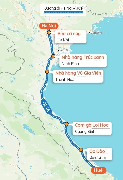Được đề xuất nhà hàng trên đường từ Hà Nội đến Huế.  Đồ họa: Tá Lả.