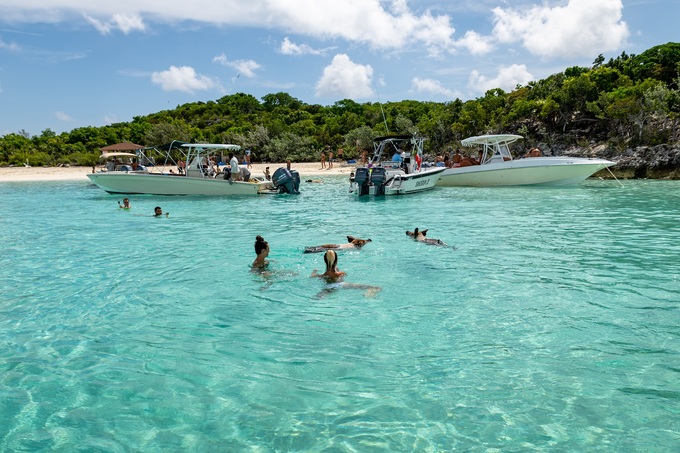 Big Major là một hòn đảo không người, ở vùng vịnh Exumas, Bahamas. Cư dân chính ở đây là khoảng 20 - 25 con lợn lớn nhỏ bán hoang dã. Ảnh: Giongi63/Shutterstock.