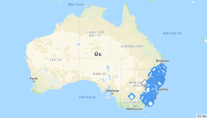 Bản đồ cháy rừng Australia. Khu vực có biểu tượng ngọn lửa tập trung ở bờ biển Đông Nam.