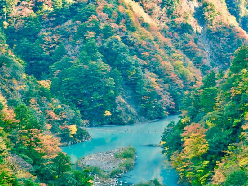 Bạn có thể ngắm sắc thu tuyệt đẹp từ trên những cây cầu treo bắc qua sông ở thung lũng Sumata. Tháng 10 là một trong những thời điểm lý tưởng nhất để ngắm đường chân trời phía núi Phú Sĩ, với lá thu ở gần và núi Phú Sĩ ở xa xa.
