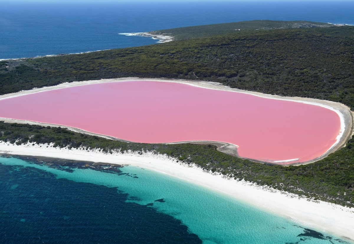   Hồ Hillier, Australia  Nằm gần bờ biển Tây Australia, hồ Hillier được bao quanh bởi những cánh rừng. Các nhà khoa học cho rằng, màu nước xuất phát từ phản ứng giữa nồng độ muối và natri bicarbonate cao trong nước. Du khách không được phép bơi lội trong hồ nước vì đây là khu bảo tồn thiên nhiên. Cách tốt nhất để ngắm cảnh đẹp của Hillier là từ trên không. Bạn thấy rõ sự tương phản của màu hồng với những cách rừng xanh thẫm và bãi biển. Ảnh: Matteo_iy/Shutterstock.