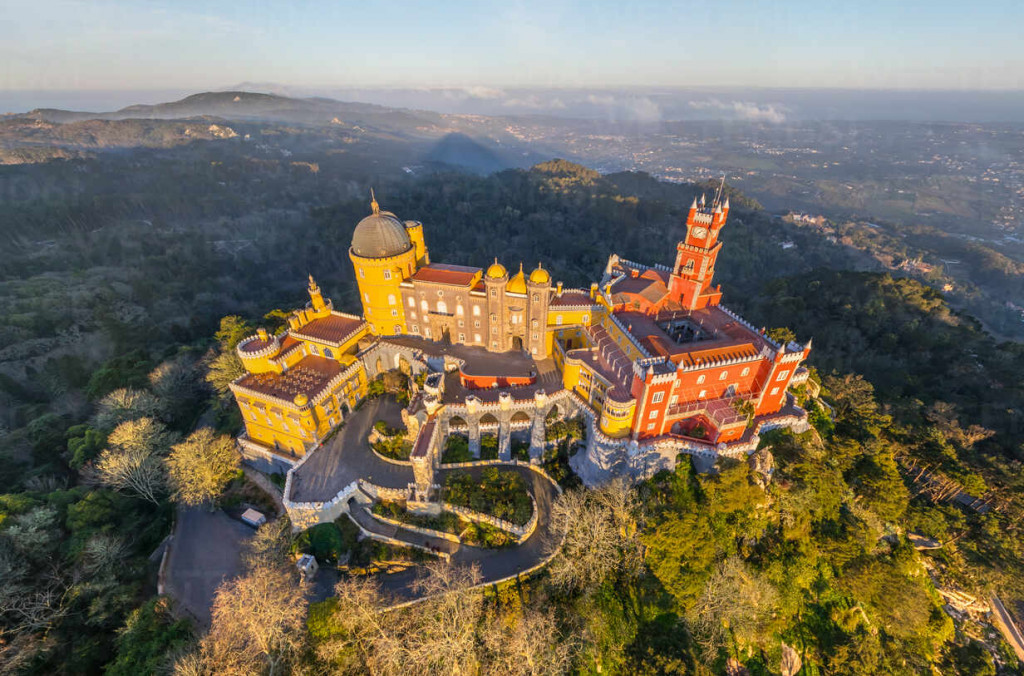 Aerial view of the Pena National Palace, Sintra, Portugal