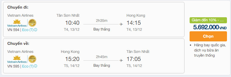 Vé máy bay khứ hồi chặng Hồ Chí Minh đi Hong Kong. Ảnh: iVIVU