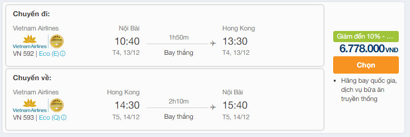Vé máy bay khứ hồi chặng Hà Nội đi Hong Kong. Ảnh: iVIVU