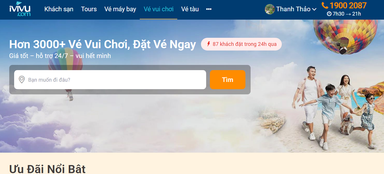 Giao diện đặt vé vui chơi tại iVIVU.com