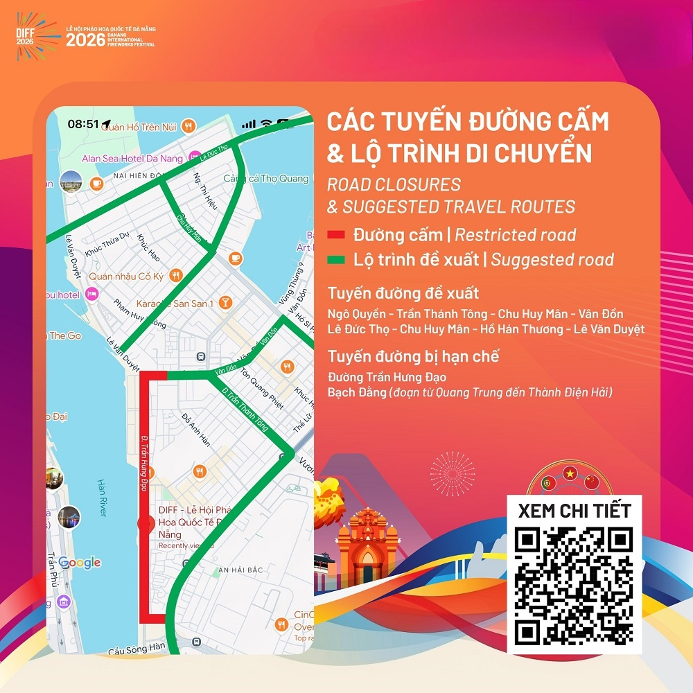 Bản đồ các tuyến đường cấm và lộ trình di chuyển trong Lễ hội pháo hoa Đà Nẵng 2026